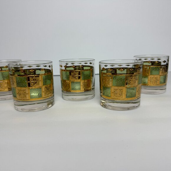 Vintage MCM CULVER PRADO Green & 22K Gold Low Ball Whiskey Glass Set 5 pc - Picture 1 of 10